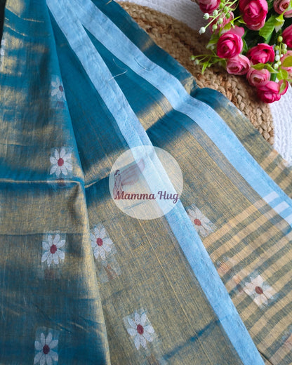 Handloom Cotton Tissue Saree with Machine Embroidery Design - Sea Blue