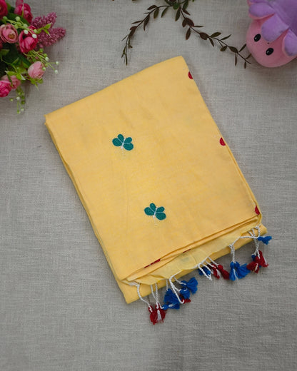 Khadi Cotton Handloom Saree Butterfly Embroidery - Light Yellow