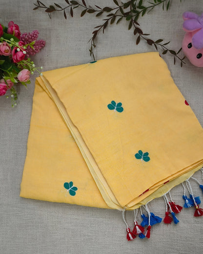 Khadi Cotton Handloom Saree Butterfly Embroidery - Light Yellow