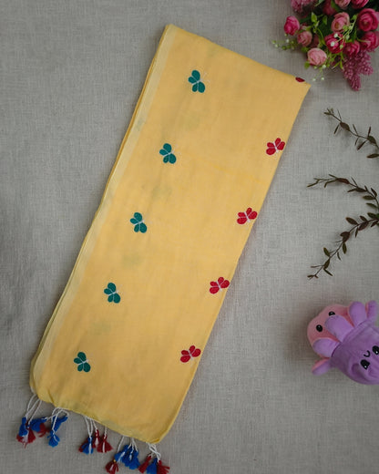 Khadi Cotton Handloom Saree Butterfly Embroidery - Light Yellow