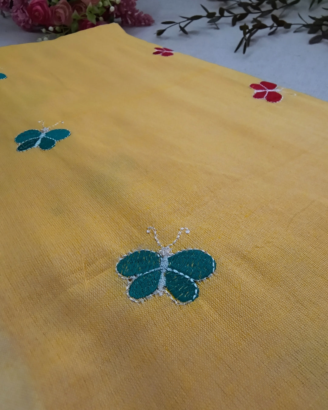 Khadi Cotton Handloom Saree Butterfly Embroidery - Light Yellow