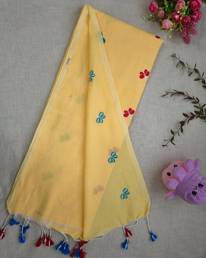 Khadi Cotton Handloom Saree Butterfly Embroidery - Light Yellow