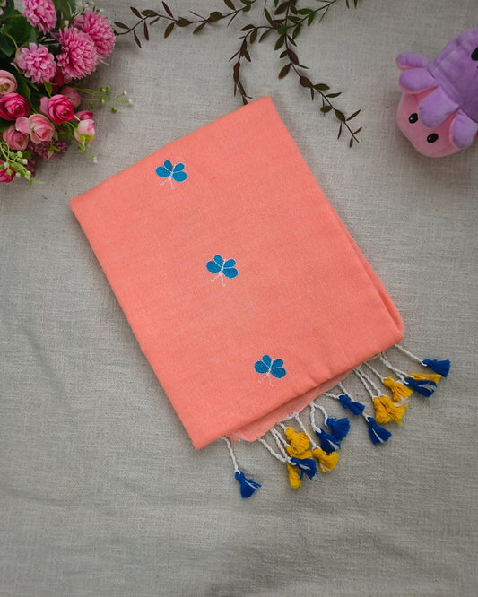 Khadi Cotton Handloom Saree Butterfly Embroidery - Peach