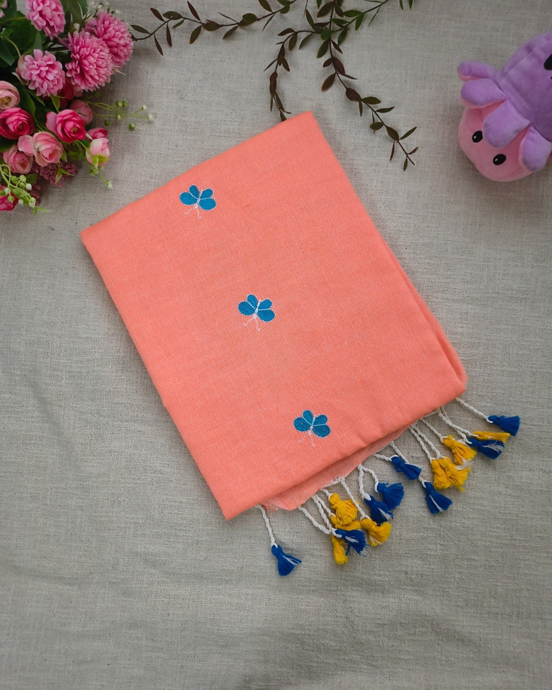 Khadi Cotton Handloom Saree Butterfly Embroidery - Peach