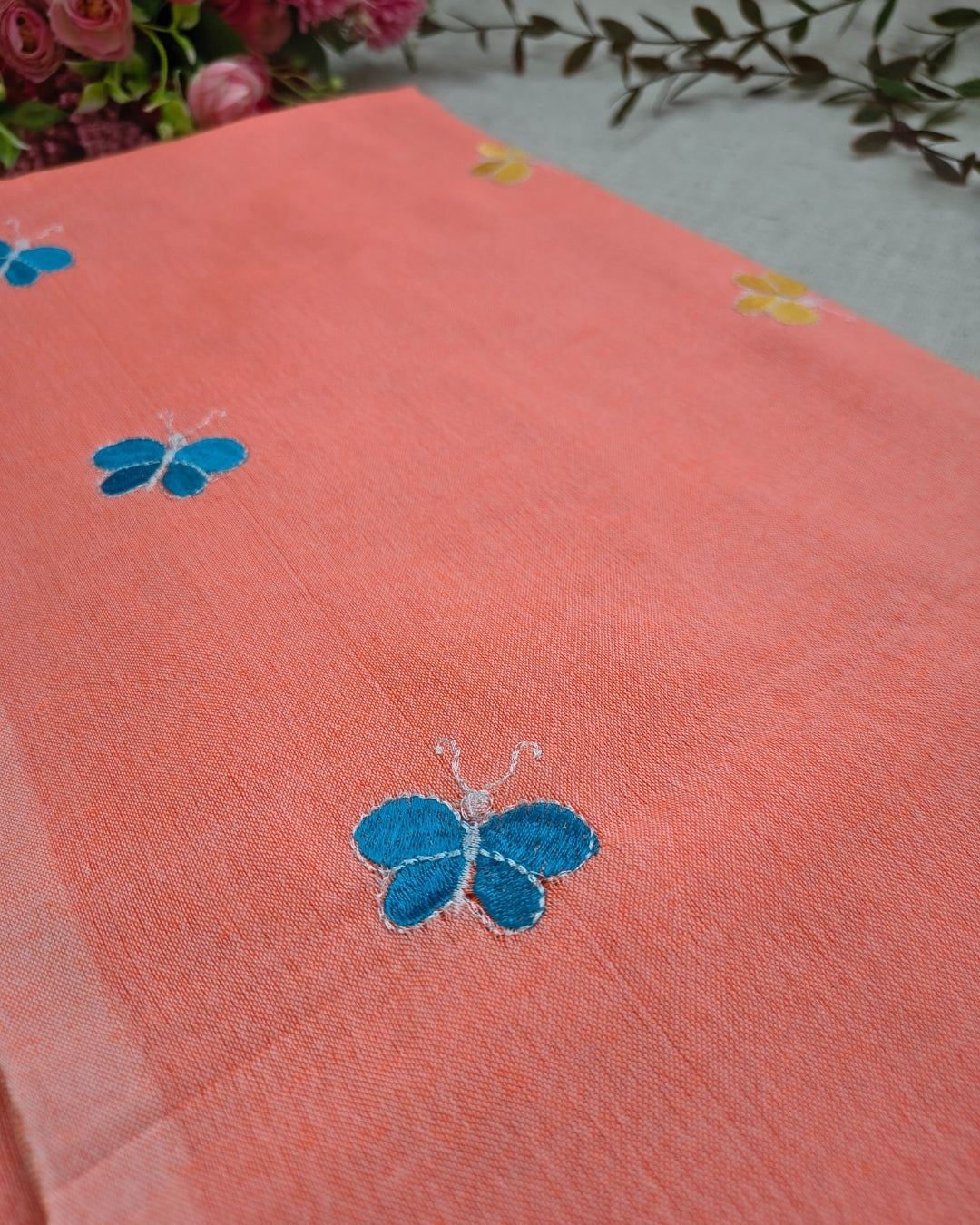 Khadi Cotton Handloom Saree Butterfly Embroidery - Peach