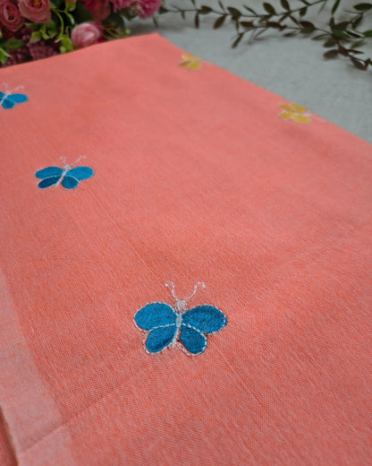 Khadi Cotton Handloom Saree Butterfly Embroidery - Peach