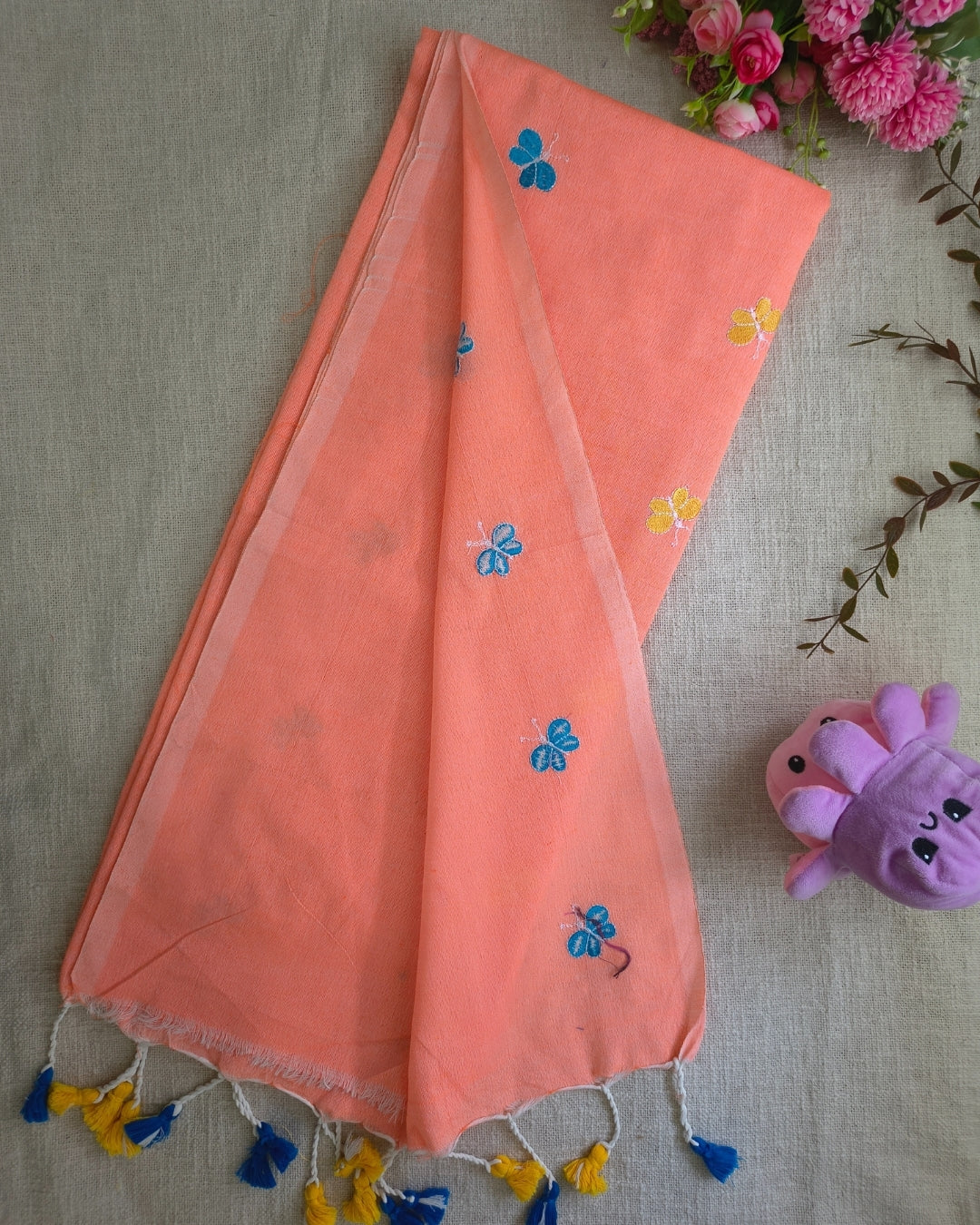 Khadi Cotton Handloom Saree Butterfly Embroidery - Peach