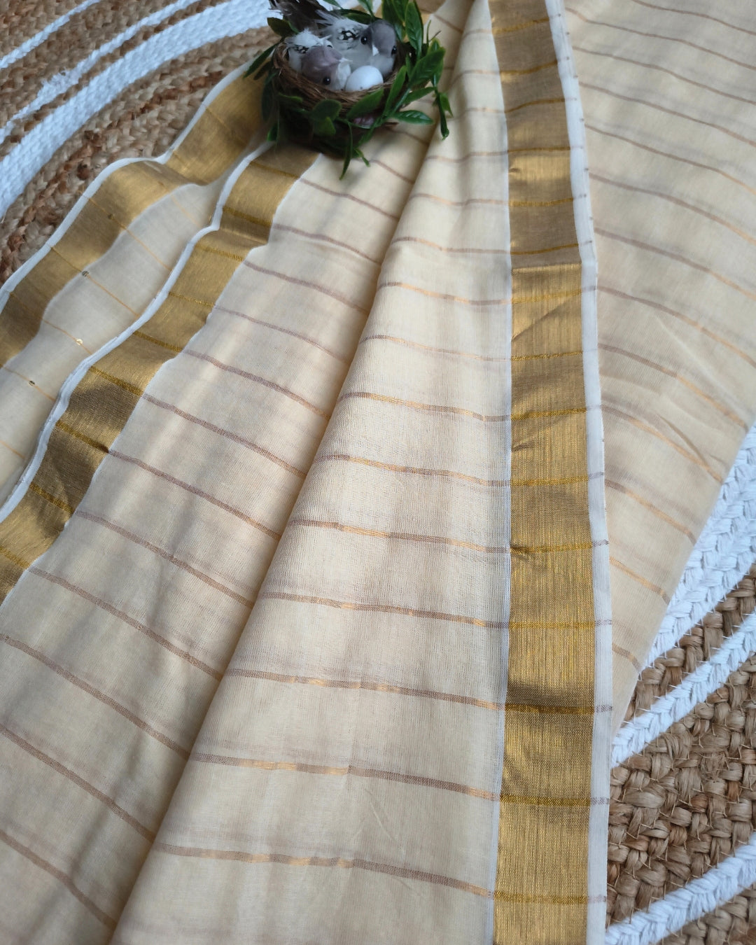 Handloom Mul Cotton Saree with Golden Stripes, Border and Sequence in Pallu - Sandal