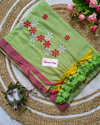 Mul Cottom Handloom Saree Flower Embroidery