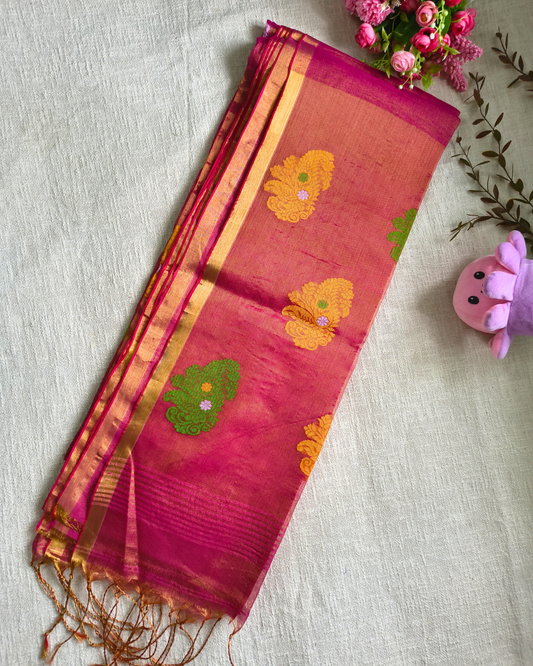 Handloom Tissue Linen with Jamdhani Weaving Buttas - Crimson
