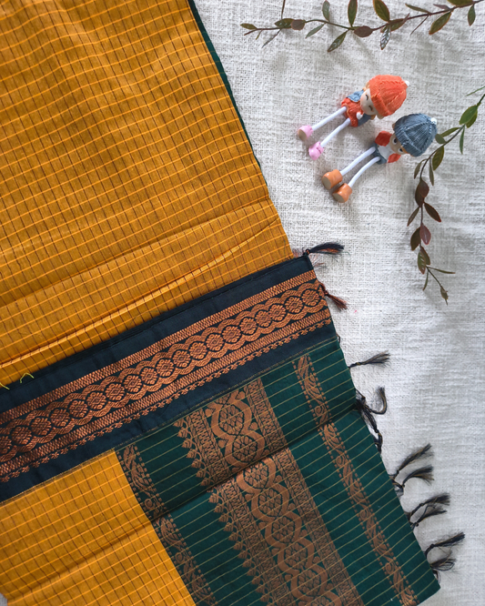 Premium Kalyani Cotton checked with Zari Border - Yellow