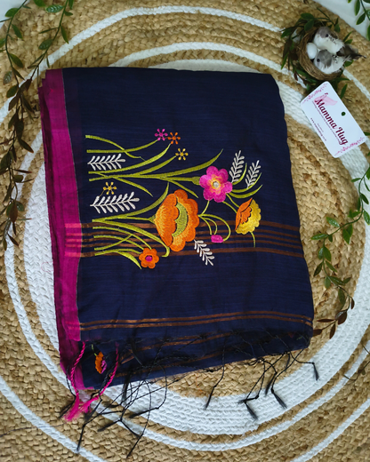 Floral Embroidery Handloom Saree - Slub Cotton (Navy Blue)