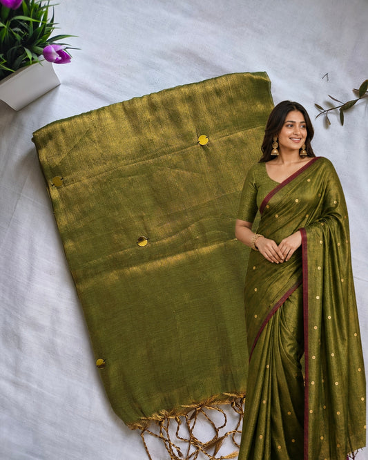 Pure Khadi Tissue Saree with Coin design - Mehandi Green MammaHug