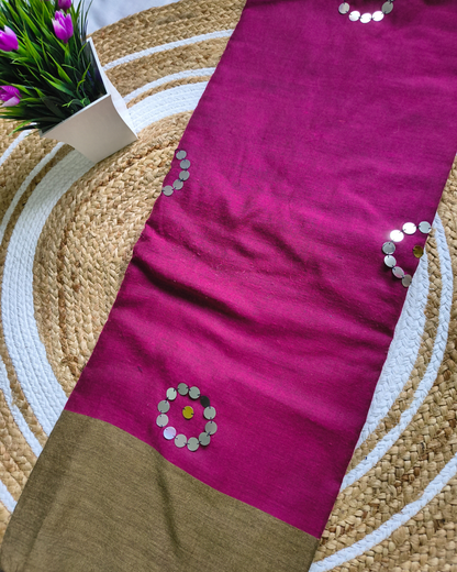 Khadi Cotton Handloom Saree with Mirror design - Olive Grey & Magenta