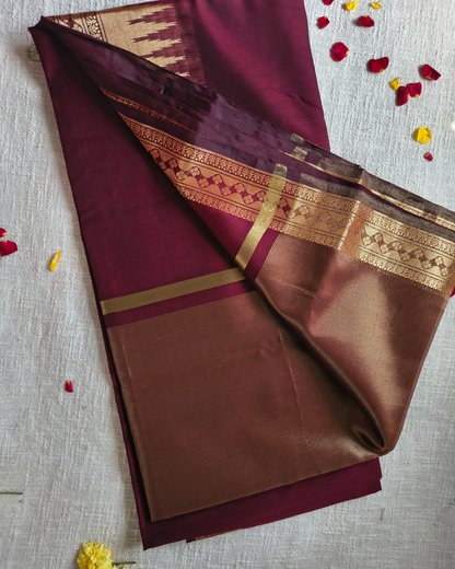 Maheshwari Silk Cotton Saree with Golden Temple Border– Classic Maroon MammaHug