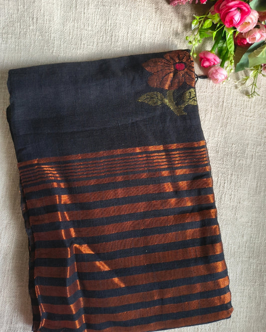Pure Linen Handloom Saree with Copper Buttas - Black MammaHug