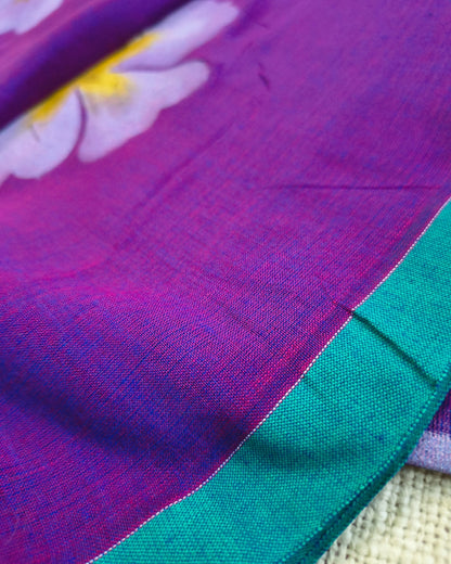 Soft Cotton Handloom Saree with Hand-Painted Floral Design - Dark Purple