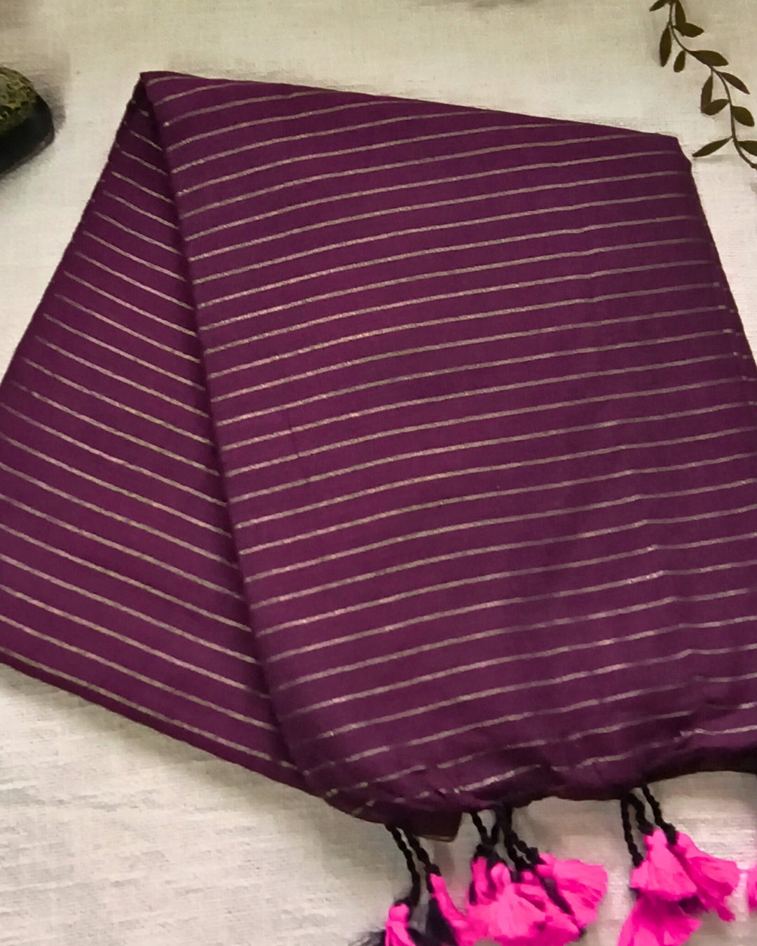 Khadi Cotton Handloom Saree with Zari Stripes - Dark Magenta