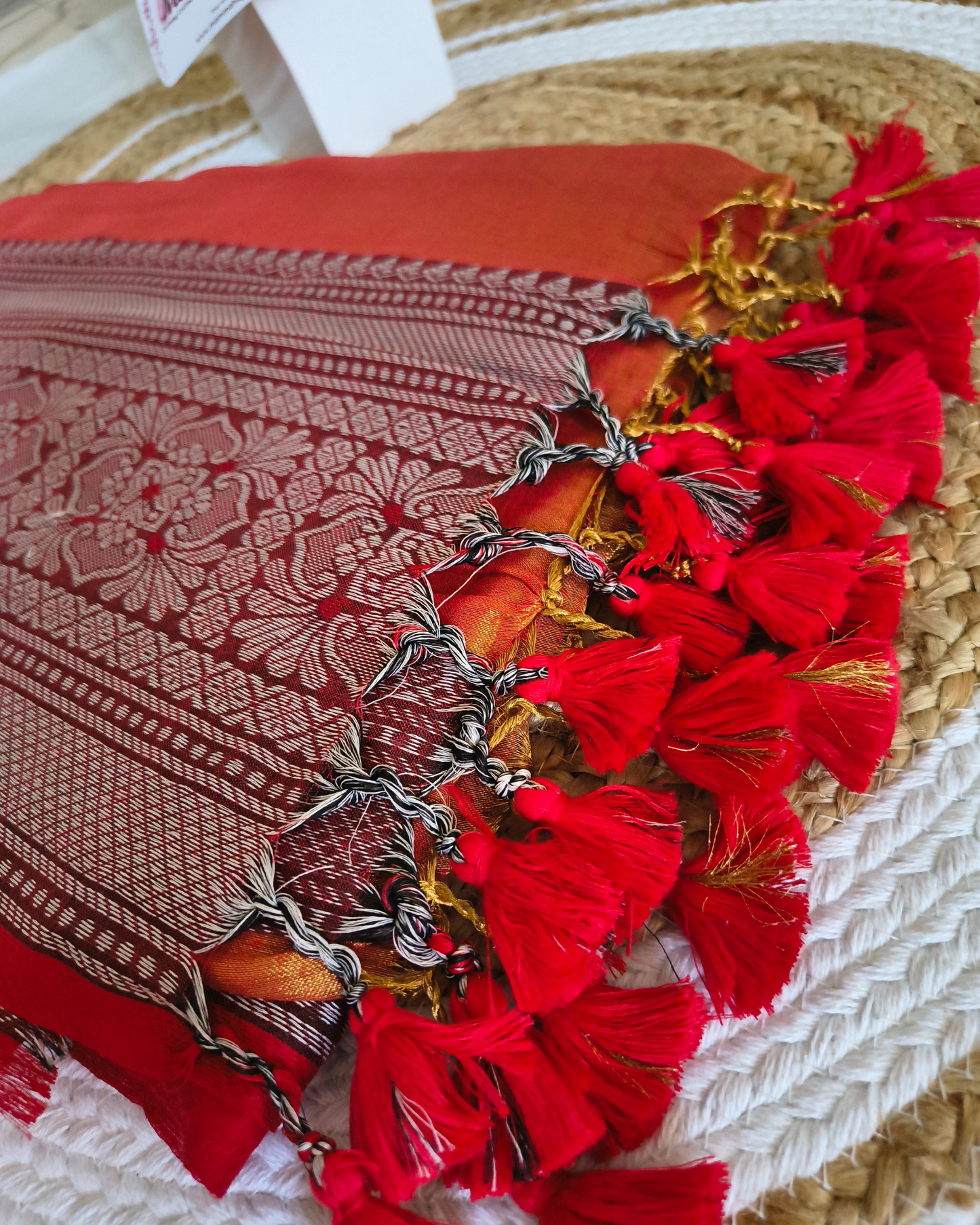 Khadi Tissue Handloom Saree with Thread Woven Border - Orange with Red