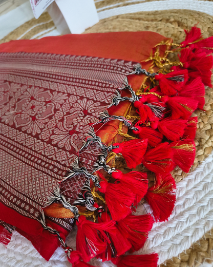 Khadi Tissue Handloom Saree with Thread Woven Border - Orange with Red