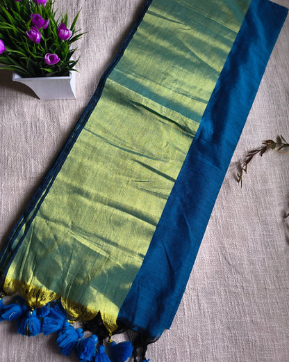 Pure Cottom Handloom Saree with Golden Border - Blue