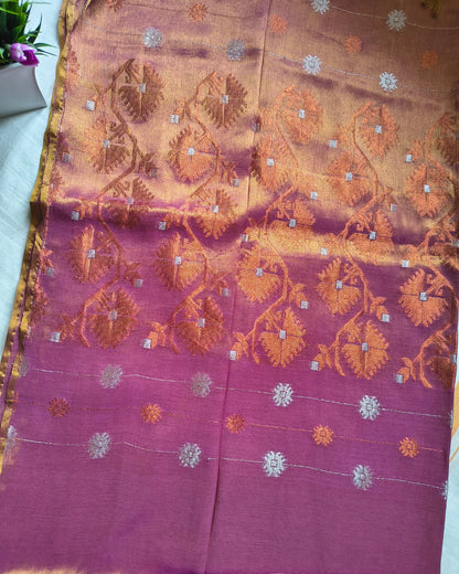 Soft Linen Tissue Saree with Hand Woven Buttas - Onion Pink MammaHug