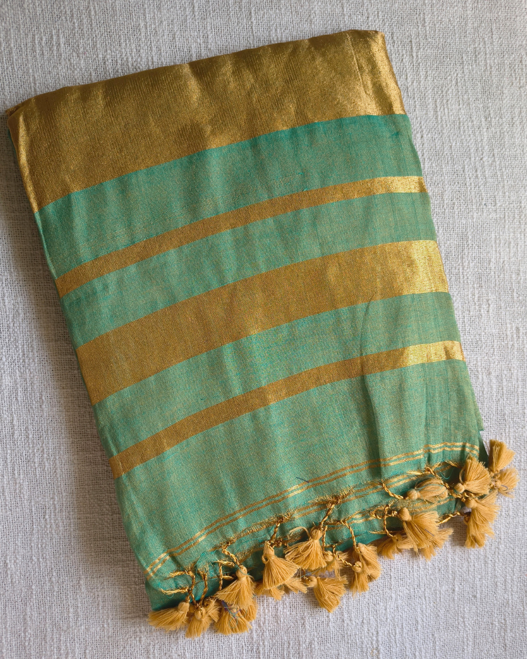 Soft Linen Tissue Saree Plain - Golden Aqua MammaHug