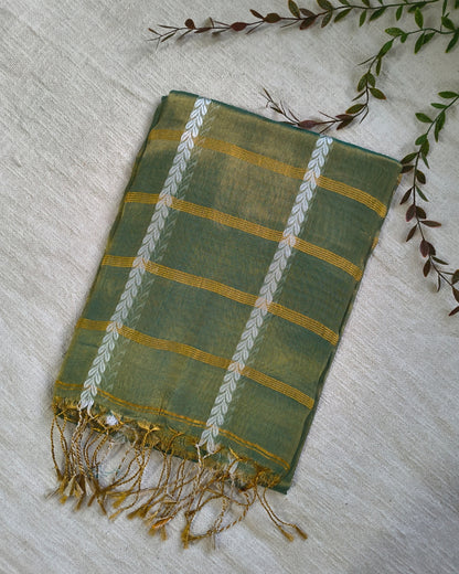 Soft Linen Tissue Saree with Golden Zari weaving - Antique Green