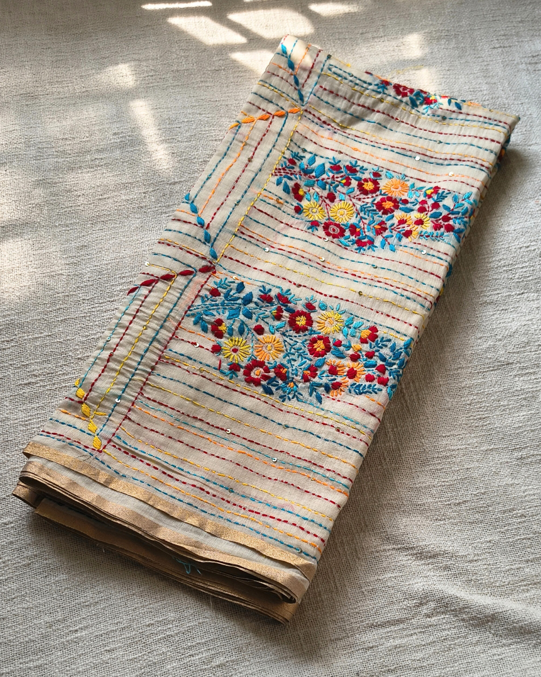 Chanderi silk cotton with kantha stitch floral design - Blue MammaHug