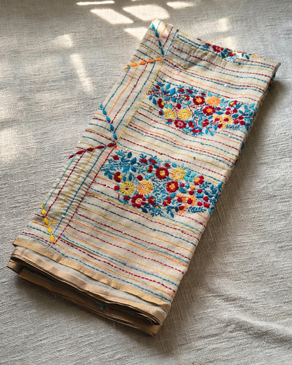 Chanderi silk cotton with kantha stitch floral design - Blue MammaHug