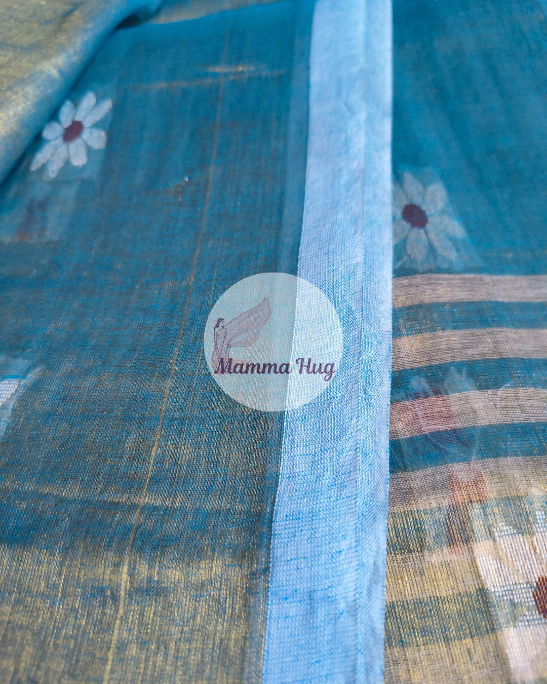 Handloom Cotton Tissue Saree with Machine Embroidery Design - Sea Blue