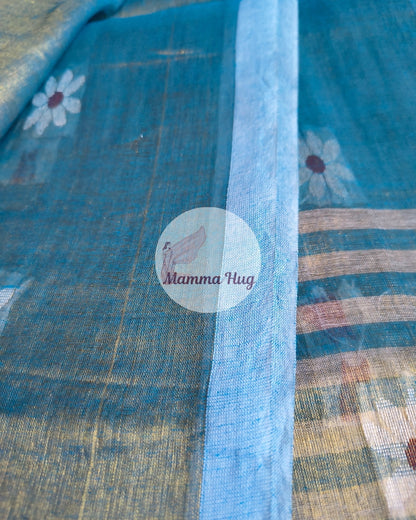 Handloom Cotton Tissue Saree with Machine Embroidery Design - Sea Blue