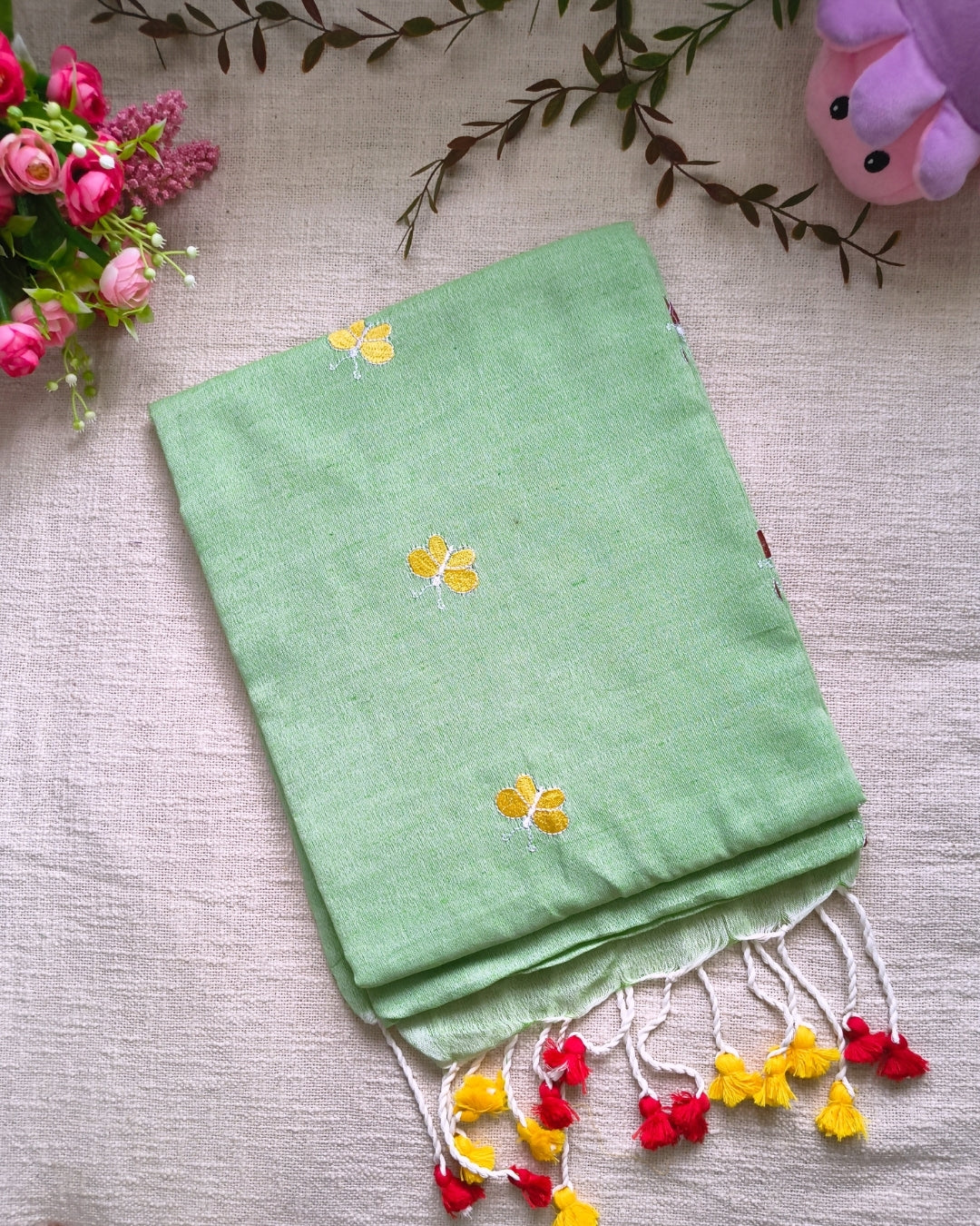 Khadi Cotton Handloom Saree Butterfly Embroidery - Light Green