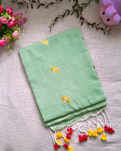 Khadi Cotton Handloom Saree Butterfly Embroidery - Light Green