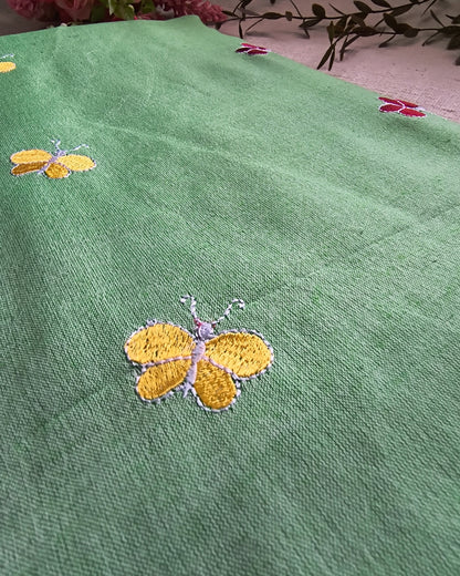 Khadi Cotton Handloom Saree Butterfly Embroidery - Light Green