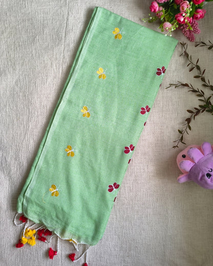Khadi Cotton Handloom Saree Butterfly Embroidery - Light Green