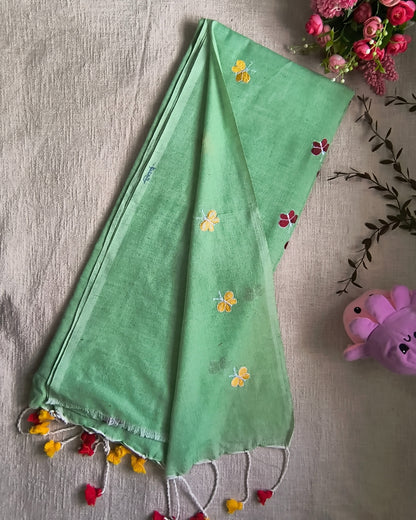 Khadi Cotton Handloom Saree Butterfly Embroidery - Light Green