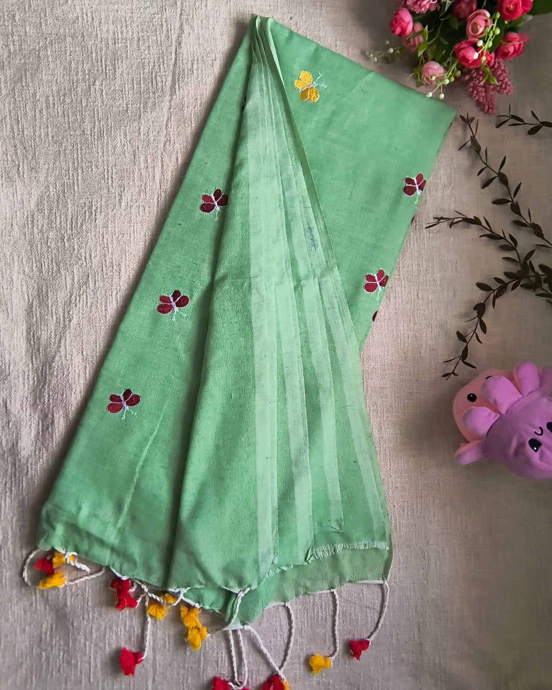 Khadi Cotton Handloom Saree Butterfly Embroidery - Light Green