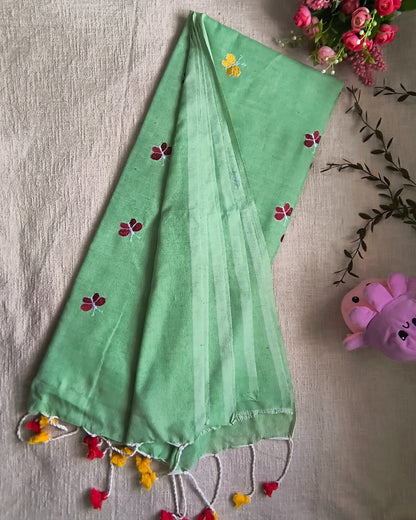 Khadi Cotton Handloom Saree Butterfly Embroidery - Light Green