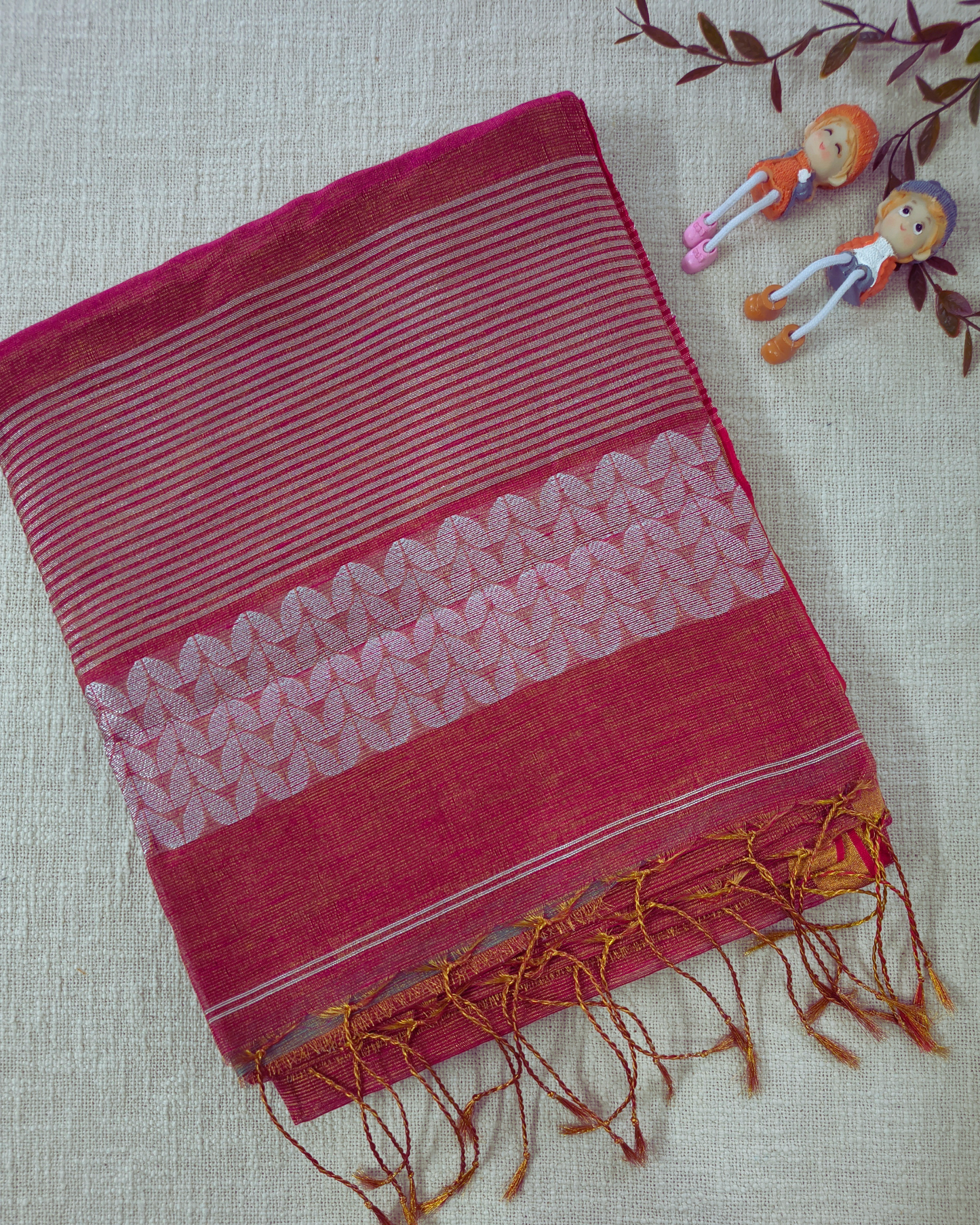 Handloom Tissue Linen with Jamdhani Weaving Buttas - Pink & Orange Dual Tone