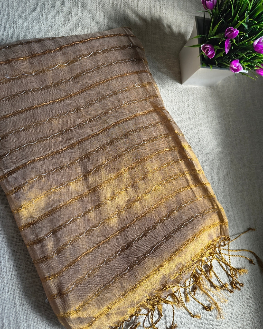 Soft Linen Tissue Saree with Sequins- Golden MammaHug
