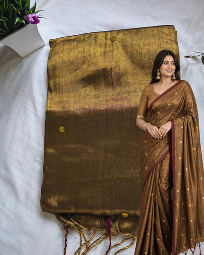 Pure Khadi Tissue Saree with Coin design - Golden Brown MammaHug