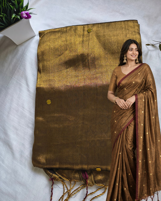 Pure Khadi Tissue Saree with Coin design - Golden Brown MammaHug