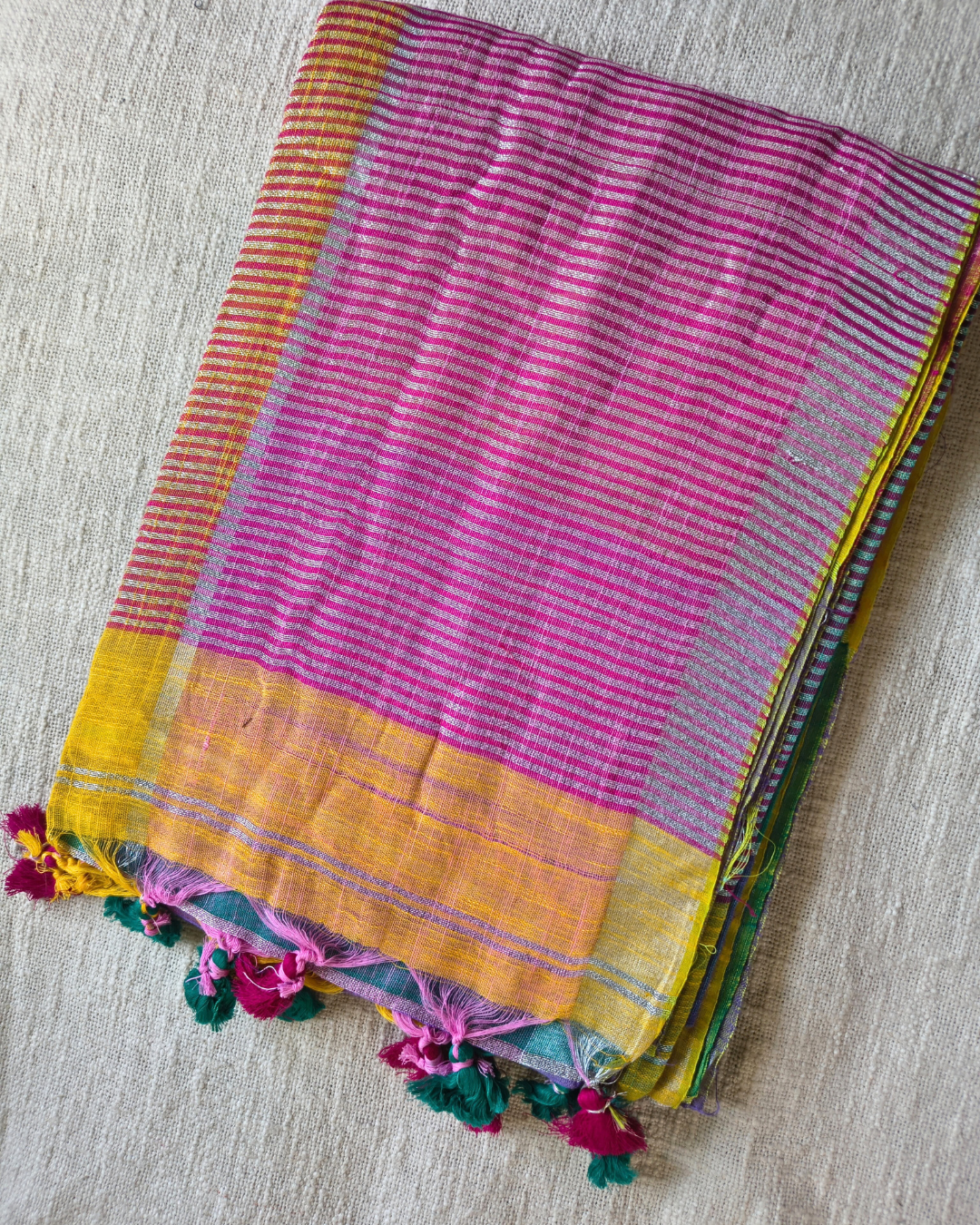 Pure Linen Cotton Handloom Saree Multicolor Checks - Green & Pink
