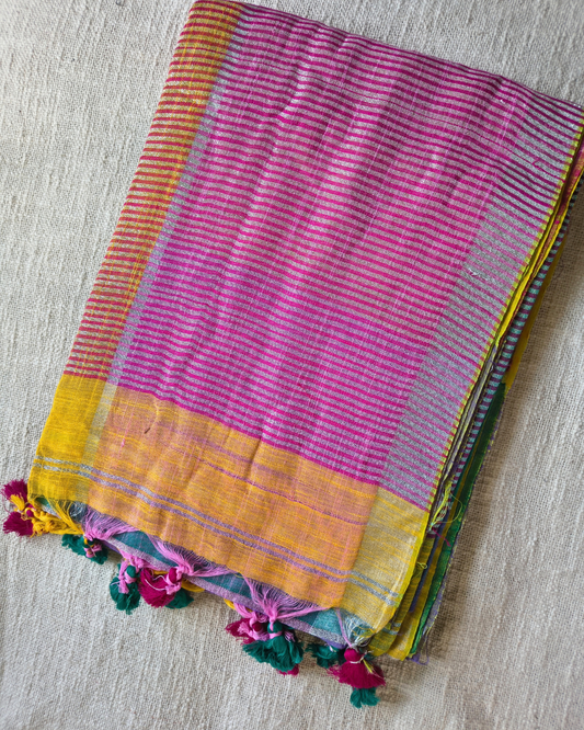 Pure Linen Cotton Handloom Saree Multicolor Checks - Green & Pink