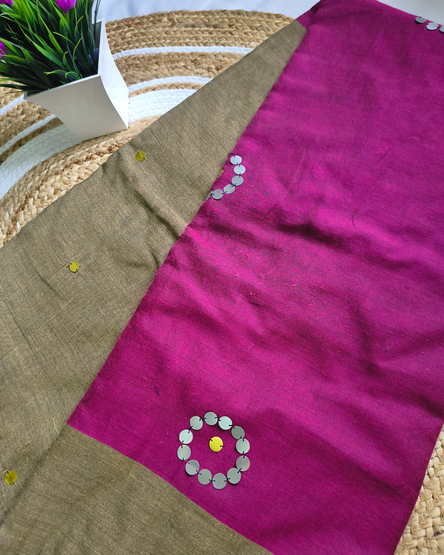 Khadi Cotton Handloom Saree with Mirror design - Olive Grey & Magenta