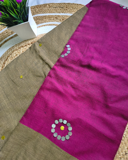Khadi Cotton Handloom Saree with Mirror design - Olive Grey & Magenta