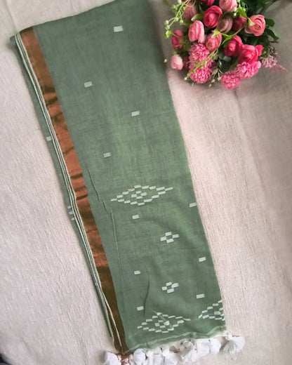 Pure Cottom Handloom Saree - Small Copper Border - Pastel Green