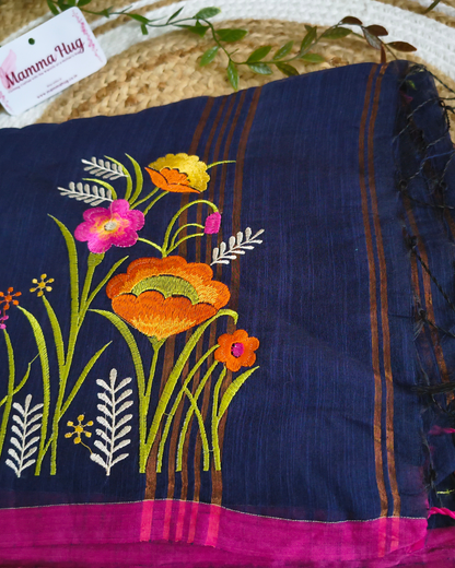 Floral Embroidery Handloom Saree - Slub Cotton (Navy Blue)