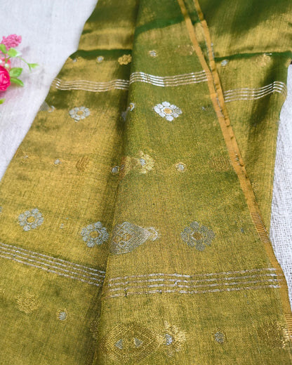 Soft Linen Tissue Saree with Golden Silver Zari weaving - Golden Olive